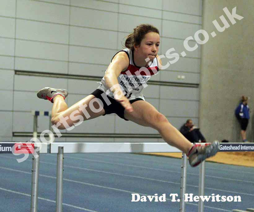 Lauren Beales (Gateshead Harriers) winner of the under-13 girls 60 metres hurdles.
